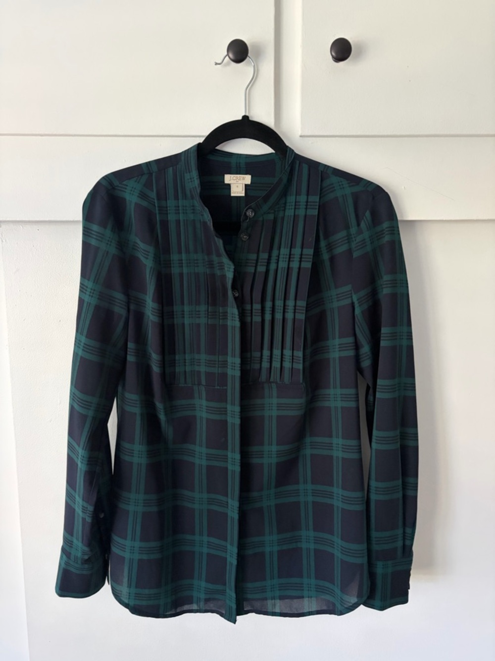 J. Crew Green and Navy Plaid Long-Sleeve Blouse
